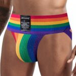 Rainbow-striped men's underwear with a black brand tag reading JOCKMAIL on the back waistband.