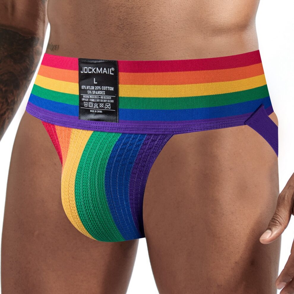 Rainbow-striped men's underwear with a black brand tag reading JOCKMAIL on the back waistband.