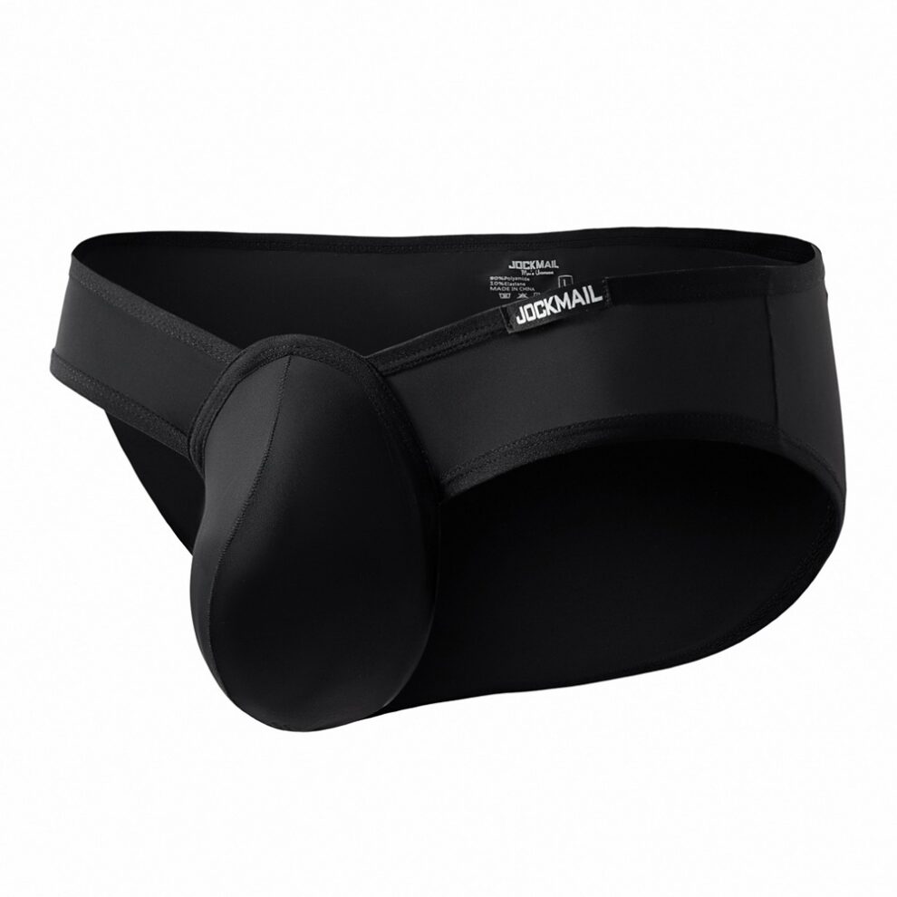 Black athletic jockstrap with a protective groin cup and elastic waistband (brand label: JOCKMAIL). It provides groin support during sports.