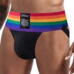 Male model wearing a black jockstrap with a rainbow-striped waistband; label shows brand JOCKMAIL and size L on the back