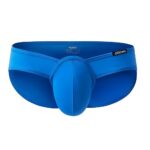 Blue men's jockstrap with a molded front pouch, shown from the front view.