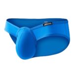 Blue men's athletic supporter with a built-in protective cup insert for sports
