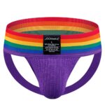 Rainbow-striped waistband jockstrap with purple pouch, front label visible: athletic underwear for men