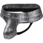Silver and black snakeskin-pattern jockstrap with a branded waistband and open front pouch