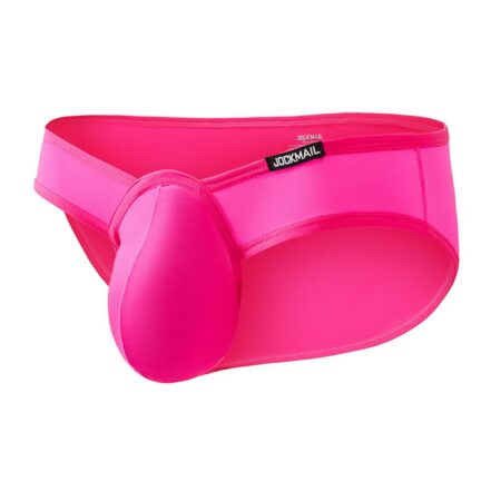 Bright pink men's jockstrap with a contoured pouch and wide waistband, brand label visible.