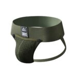 Olive green jockstrap with a wide elastic waistband and ribbed pouch; front label reads JM JOCKMAIL.