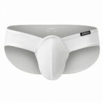White athletic jockstrap with a contoured front pouch and wide elastic waistband (brand label visible).