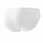 Back view of white men's briefs underwear on a plain white background