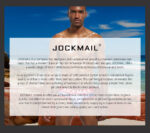 Brand advertisement on a sunny beach: shirtless man with a translucent panel reading 'JOCKMAIL' and text about men's underwear range.