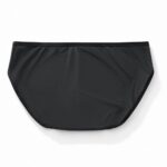 Black women's bikini bottom laid flat on a white background with a smooth, matte fabric finish.