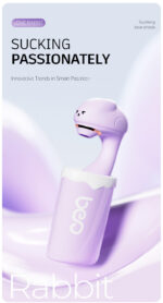Pastel purple rabbit-shaped device with a bottle, part of a Love Rabbit promo poster reading 'Sucking Passionately'.
