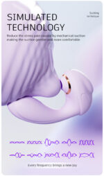 Lavender silicone sex toy being inserted into a mouth; overlaid text reads 'SIMULATED TECHNOLOGY' and 'Sucking technique'.
