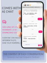 Hand holding a phone displaying a chat app with pink message bubbles on a light blue promotional background for AI chat features.