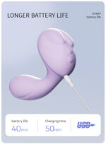 Purple silicone vibrator with USB charging, showing 40-minute battery life and 50-minute charging time.