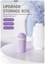 Purple baby-bottle storage container with a cute animal lid sits on a white table, with three purple feature badges and a vase in the background.