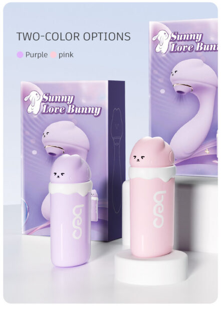 Two pastel bunny bottles in purple and pink with bunny-shaped caps, displayed beside matching packaging boxes labeled 'Sunny Love Bunny'