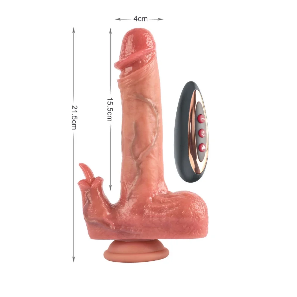 Pink silicone dildo with suction base and wireless remote; 21.5 cm tall, 15.5 cm insertable, 4 cm diameter at tip.