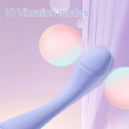 Pastel illustration of a blue vibrator in a soft, abstract scene with the text '10 Vibration modes'.