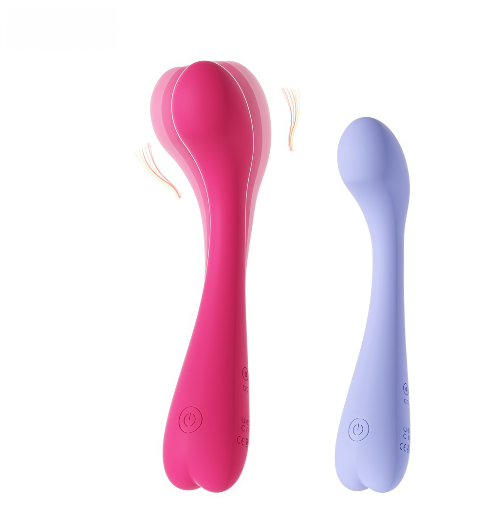 Two curved silicone sex toys in pink and lavender against a white background, showing smooth ergonomic shapes and control buttons visible on the shafts.