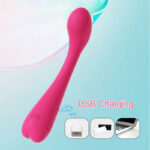 Pink USB-rechargeable vibrator with a curved shaft, shown charging; icons for wall charger, USB drive, and laptop indicate charging options