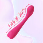 Pink curved silicone vibrator with 'Full liquid silicone' text diagonally across it, a sexual wellness product.