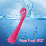 Pink silicone vibrator submerged in water with splashes and bubbles, showing the IPX7 waterproof claim. in the image text.