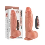 Life-like pink dildo with a separate remote control and packaging shown beside it, advertising dual-density design.