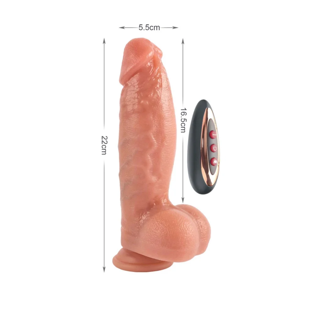 Life‑like silicone dildo with a suction base, about 22 cm long and 5.5 cm wide, shown with a black wireless remote.