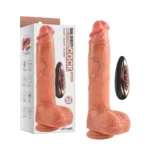 Pink, silicone dual-density dildo with a separate black and copper remote control, shown with its white packaging labeled Dual Density Silicone.