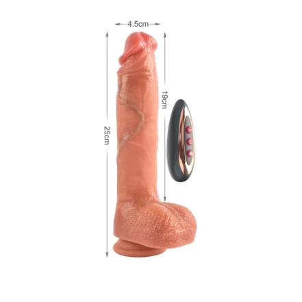 Life-size pink silicone dildo with suction base, 25 cm total length, 19 cm insertable, 4.5 cm diameter, shown with a black and rose‑gold remote control.