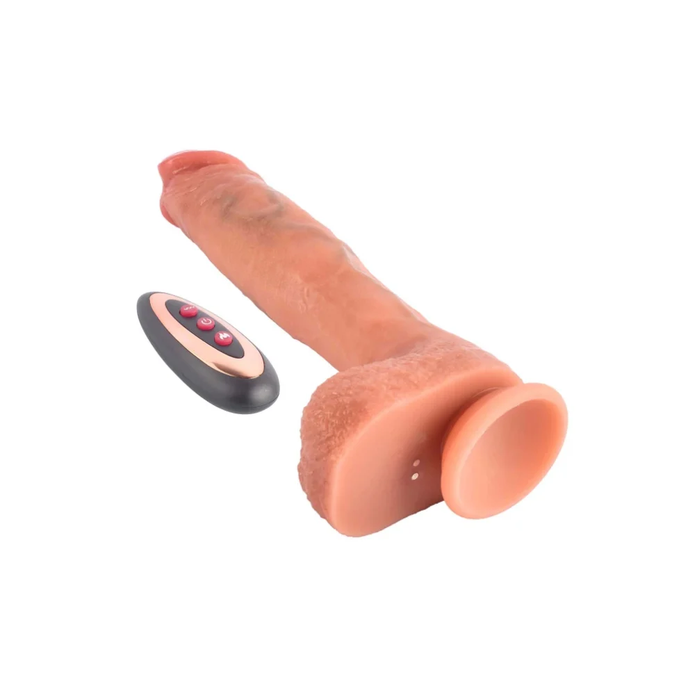 Realistic dildo with suction cup base and accompanying remote control.