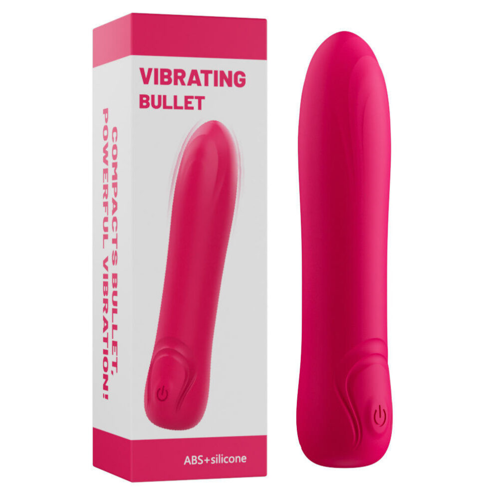 Pink vibrating bullet vibrator shown beside its pink-and-white box labeled 'Vibrating Bullet' and 'ABS+silicone'.]