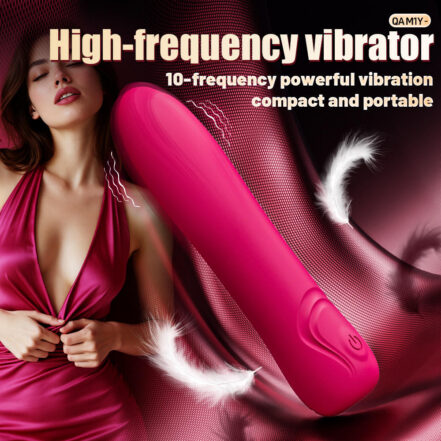 Promotional image of a pink high-frequency vibrator with 10 speeds, advertised as compact and portable, set against a pink satin backdrop with a woman in a pink dress.