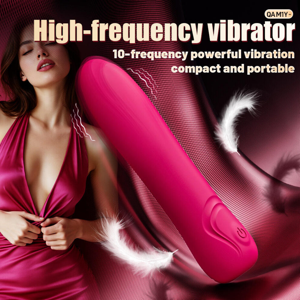 Promotional image of a pink high-frequency vibrator with 10 speeds, advertised as compact and portable, set against a pink satin backdrop with a woman in a pink dress.