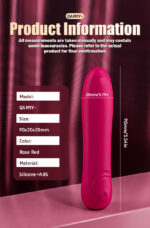 Product information poster for QA M1Y: pink silicone vibrator, 90x20x20 mm, 90 mm long, color Rose Red, silicone+ABS material.