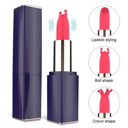 Navy lipstick case with pink lipstick, shown with three close‑ups of tip shapes labeled: lipstick styling, bull shape, crown shape.