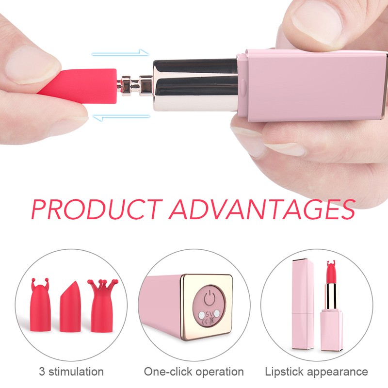 A pink cosmetic device with detachable red tips showing three-stimulation heads and an easy one-click operation feature, labeled Product Advantages.