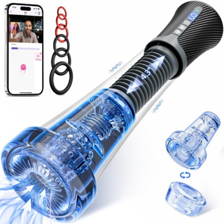 Cross-section illustration of an electronic male masturbator with blue internal chambers and rotation arrows, shown beside a smartphone app interface for remote control, on a white background.