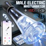 Advertisement for a male electric masturbation device with a textured sleeve and app-controlled vibrations.