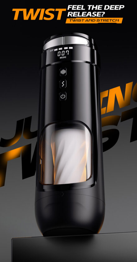 Black cylindrical device with a clear chamber and side controls, set against a dark gradient with orange 'TWIST' branding and promo text: 'Feel the deep release? Twist and stretch.'
