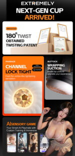Tall ad collage: banners for innovative products, awards, and multiple panels including '180° Twist' patent, 'Channel Lock Tight', and a model with smartphone screenshots at the bottom