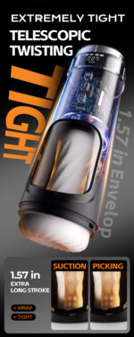 Advertisement for a telescopic, extra-long stroke sex toy showing internal electronics and bold text like 'EXTREMELY TIGHT' and 'TWISTING' with suction and picking diagrams at the bottom.