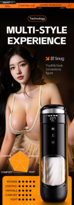 Advertisement for a twist-cap sex toy showing a model in lingerie beside a black device; bold 'MULTI-STYLE EXPERIENCE' headline and orange accents