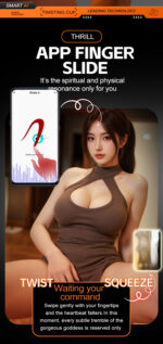 Advertisement banner for a mobile app showing a woman in a brown dress beside a smartphone and bold 'APP FINGER SLIDE' text