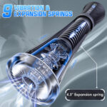 Product image of a black vibrating sex toy with a transparent chamber showing expansion springs and a 4.3 inch expansion spring label.