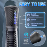 Product infographic of a device showing its easy-to-use controls: On/Off + Vibration, Suction, and Vacuum Sucking/Release with labeled icons.