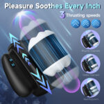 Advertising graphic for a handheld massager/vibrator with three speed icons and circular thumbnails, featuring the slogan “Pleasure Soothes Every Inch.”