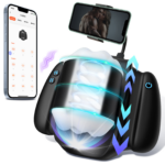 Massage device with glowing blue rings and a phone mount showing a control app on a smartphone screen.