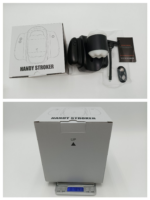 Handy Stroker unboxed: boxed device, black handle with a white silicone sleeve, and accessories on a white surface.