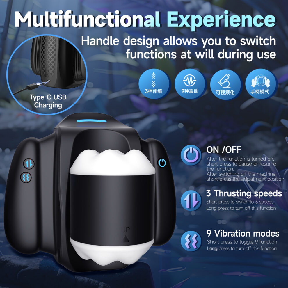 Infographic of a headset advertisement showing USB-C charging port in a blue circular highlight and four feature icons (3 speeds, 9 vibration modes, video capability, handheld mode).